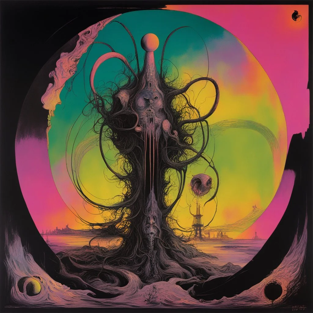 Exponential Eldritch symbolism shift, abstract surrealism, by Graham Sutherland and Dave McKean and Sam Keith, silkscreened mind-bending illustration; asymmetric, synthwave album cover art, acid burn neon colors, atmosphere guided by N(t)=N0​⋅e−kt