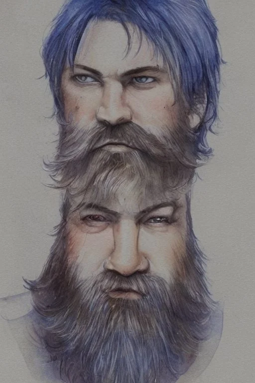 portrait, watercolour, realistic, illustration, dnd, fantasy, dwarf, beard, square face, ghost, ethereal, blue skin, glowy skin, see-through