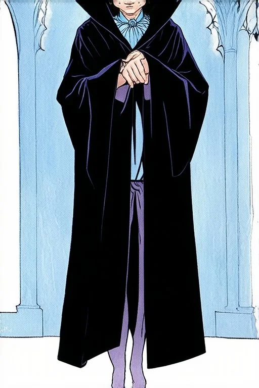 pallid 7 year old boy genie, necromancer, friendly,wearing black robes, with the lower body of a genie instead of legs, in the style of Harry Clarke