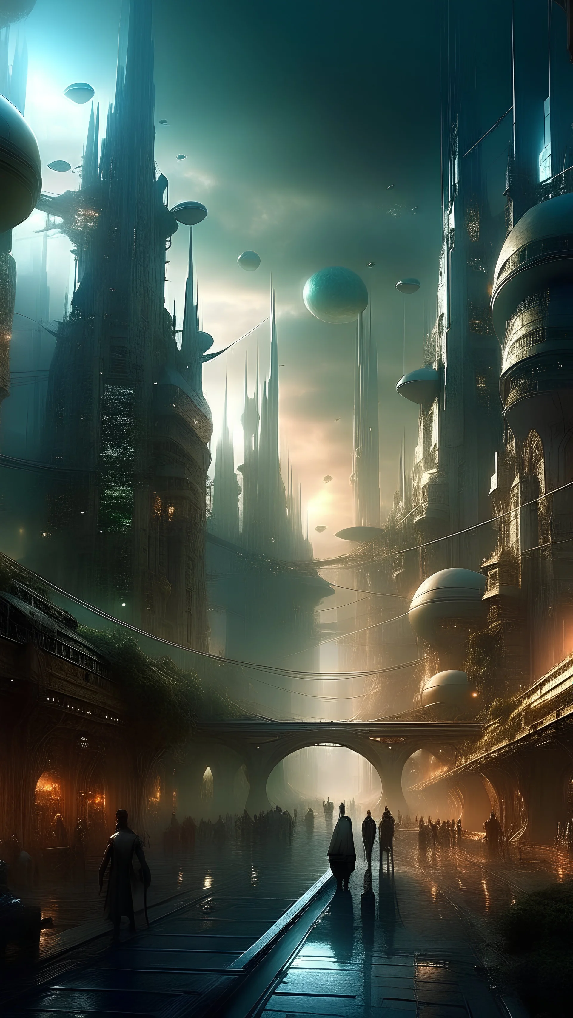 sci fi, fantasy, busy city, magical