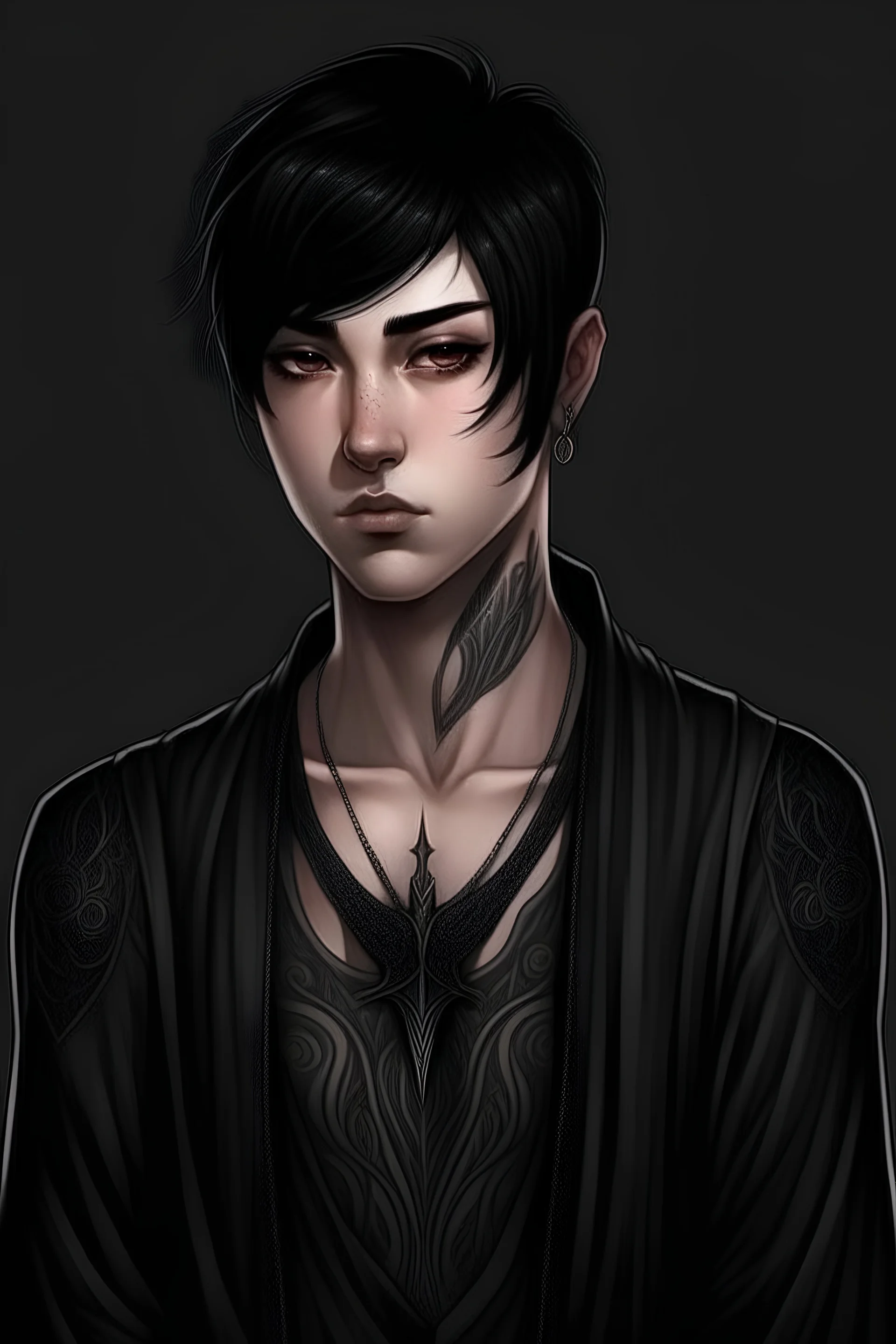 male character, tattoos, black hair, occult, androgynous, grim reaper