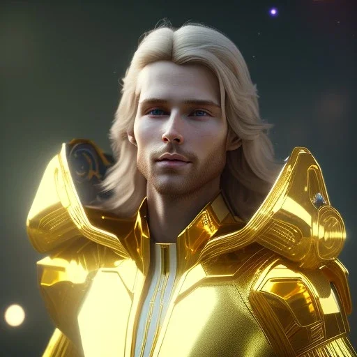 beautiful cosmic golden male, long hair, nice smiling, delicate colors, beautiful glamour galactic golden dress, ultra sharp focus, 8k, unreal engine 5, extremely sharp detail, light effect, soft light atmosphere of a spaceship, smooth, full of details, face in front, complete vision of face and body