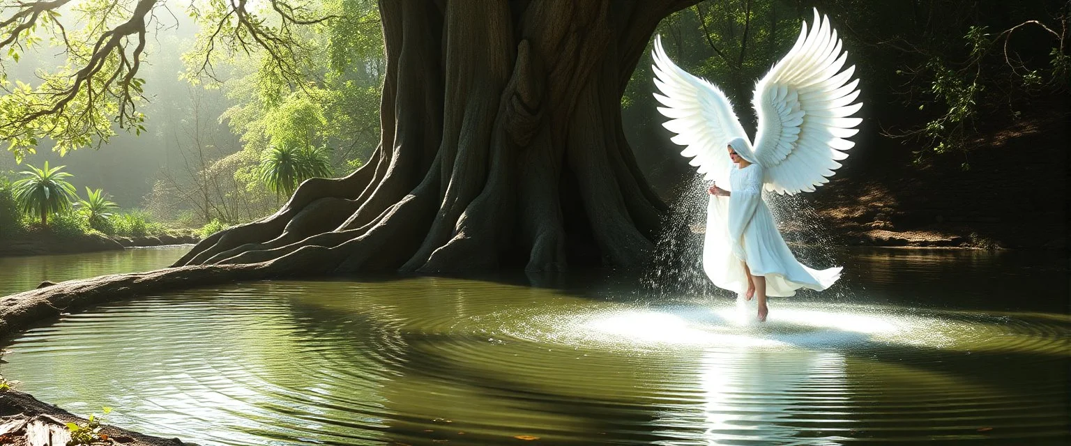 radiant white feather light mirror bounce ancient angelic wooden treant by dark fountain,sonoluminessence