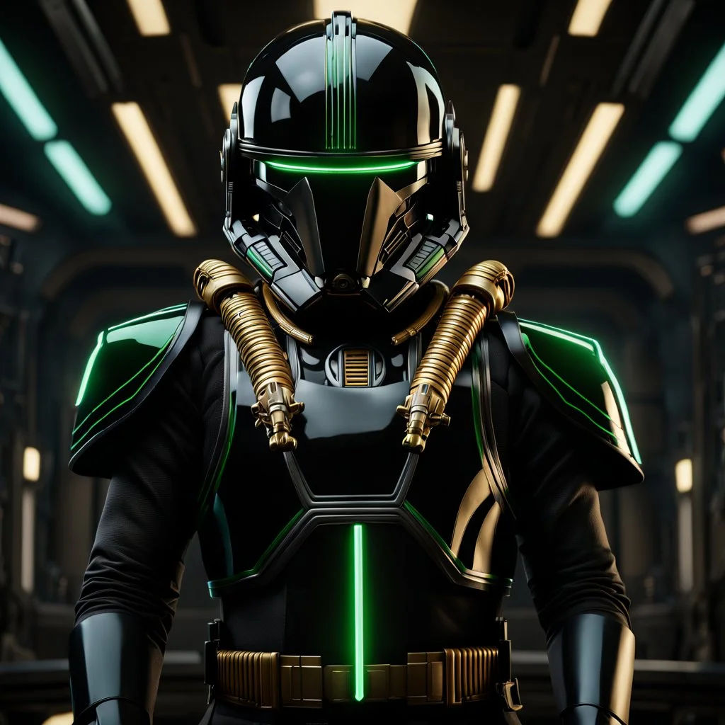 star wars bald male corellian pilot wearing black and gasoline green First Order special forces TIE pilot armored flightsuit and helmet with gold trim inside the jedi temple, centered head and shoulders portrait, hyperdetailed, dynamic lighting, hyperdetailed background, 8k resolution, volumetric lighting, light skin, fully symmetric details