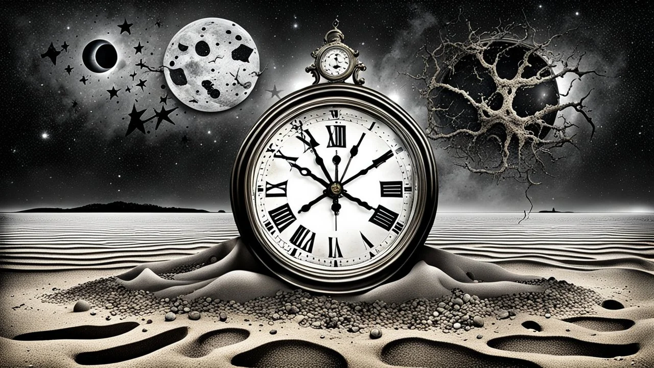 Pale gray summer beach cold, gray, fine mist. An antique clock in the sand shows exactly midnight, black lunar eclipse in the dark sky, endless cosmos with melting stars, cracked and broken sunglasses in the sand reflect the lunar eclipse, midnight, dark, surreal mood, mixed media image, realistic photo with ink, mystical abstract reality