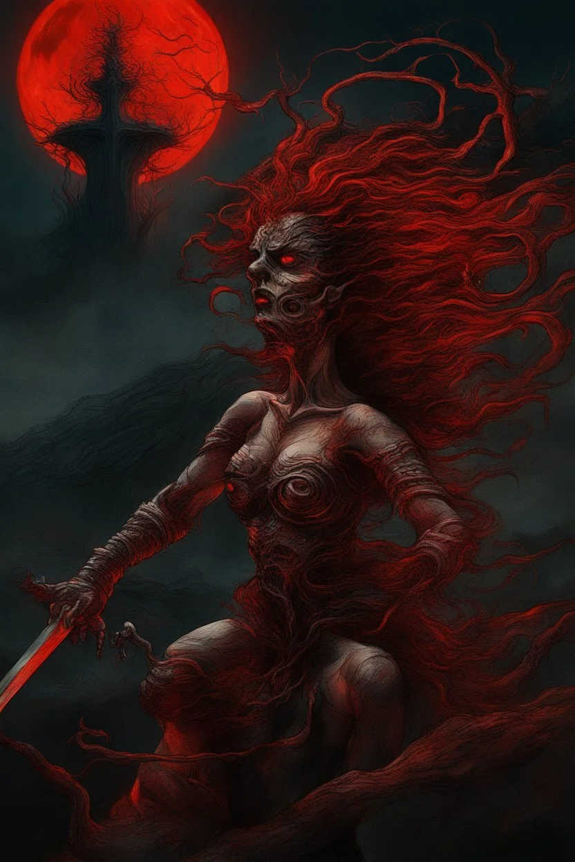 A dramatic digital painting portraying a warrior-girl and horror monster under the Red Moon, veins pulsing, claws of temptation visible, soul in turmoil. In the style of Salvador Dali and Van Gogh and Giger, vivid colors, swirling brushstrokes, highly detailed, 8k resolution, surrealistic., juicy emotions, painting, gloomy fantasy, gloomy day, dark world, portrait, oil and graphite, wide strokes, a weaving frame around, by Ryohei Hase, Agnes Cecile, Raymond Swanland, Anne Bachelier