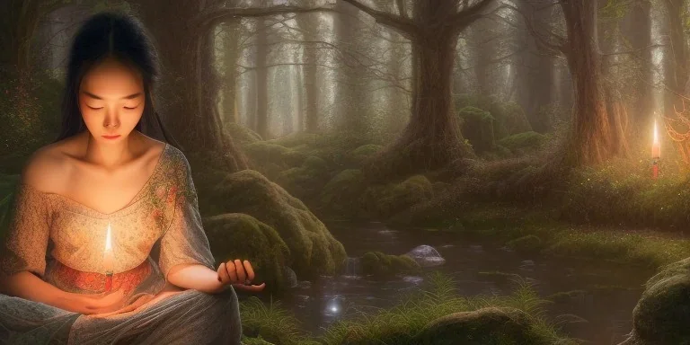 detailed beautiful asian lady meditating at night with candles in an enchanted forest, fotorealistic, high quality, landscape, 17, chalice well