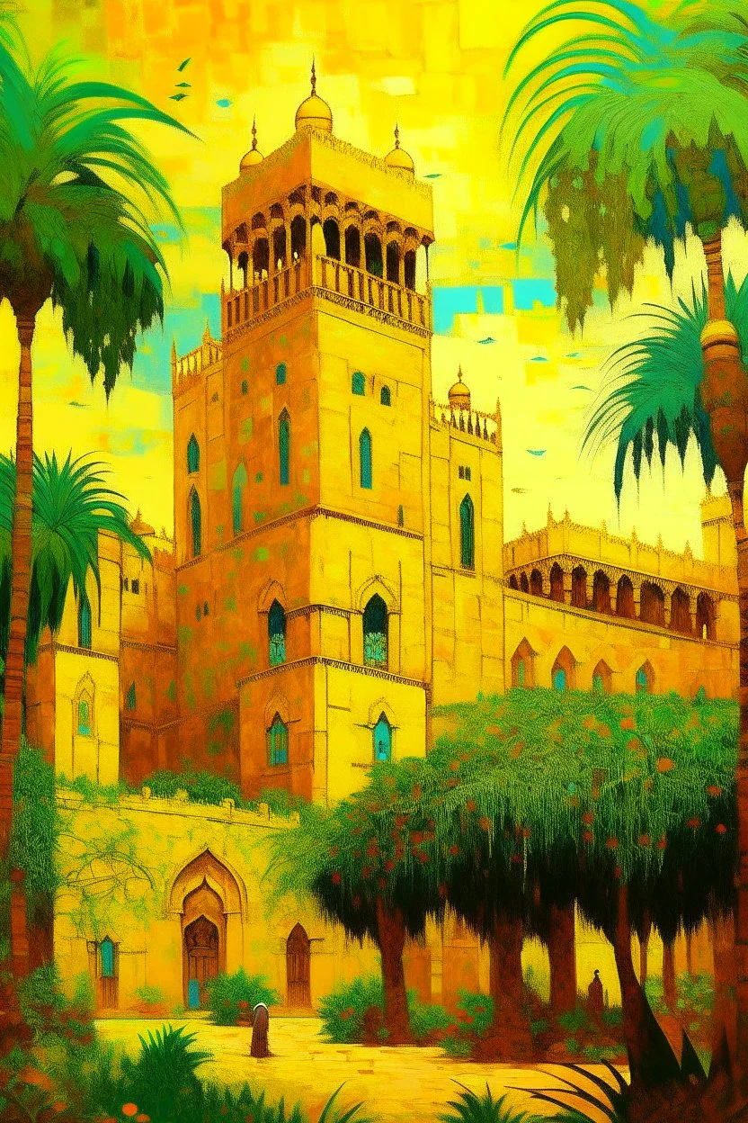 A yellow Arabian kingdom in daylight designed in Mayan architecture painted by Vincent van Gogh