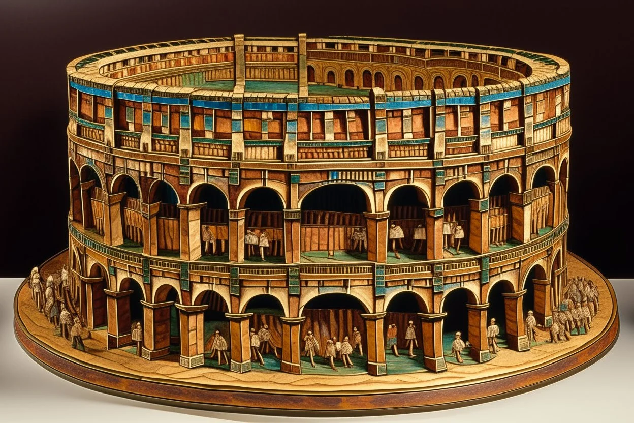 A brownish bronze coliseum with combatants designed in Navajo woven art painted by Wassily Kandinsky