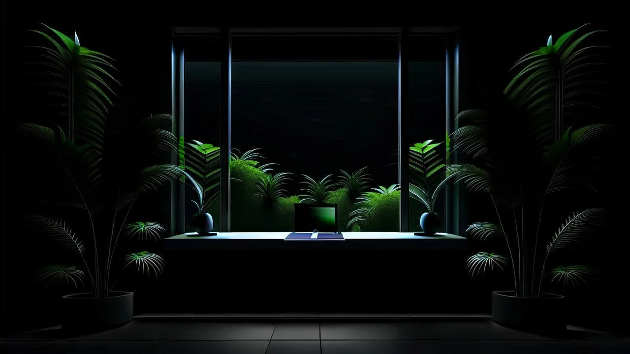 Minimalist background for video calls. Mostly black and serene, futuristic, with a very wide window and with some plants outside.