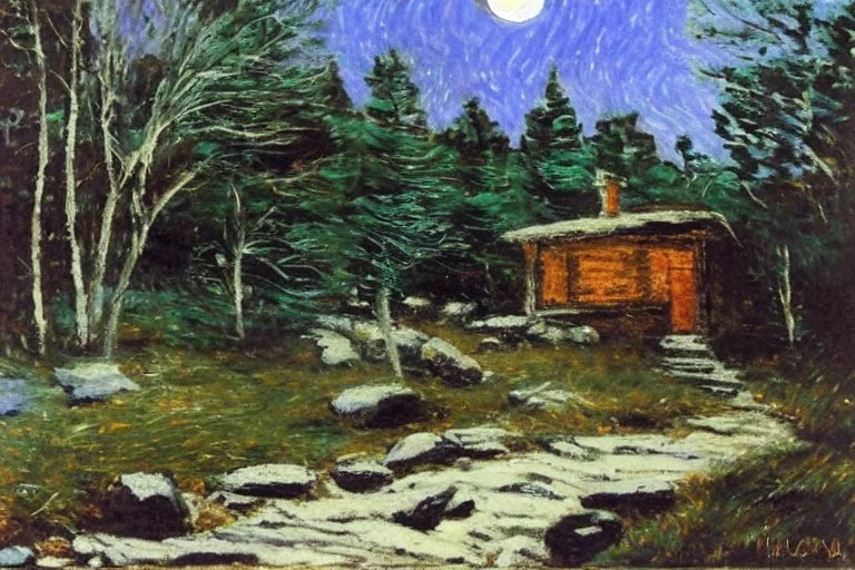 Night, moon, cabin, rocks, pathway, trees, grass, philip wilson steer impressionism painting