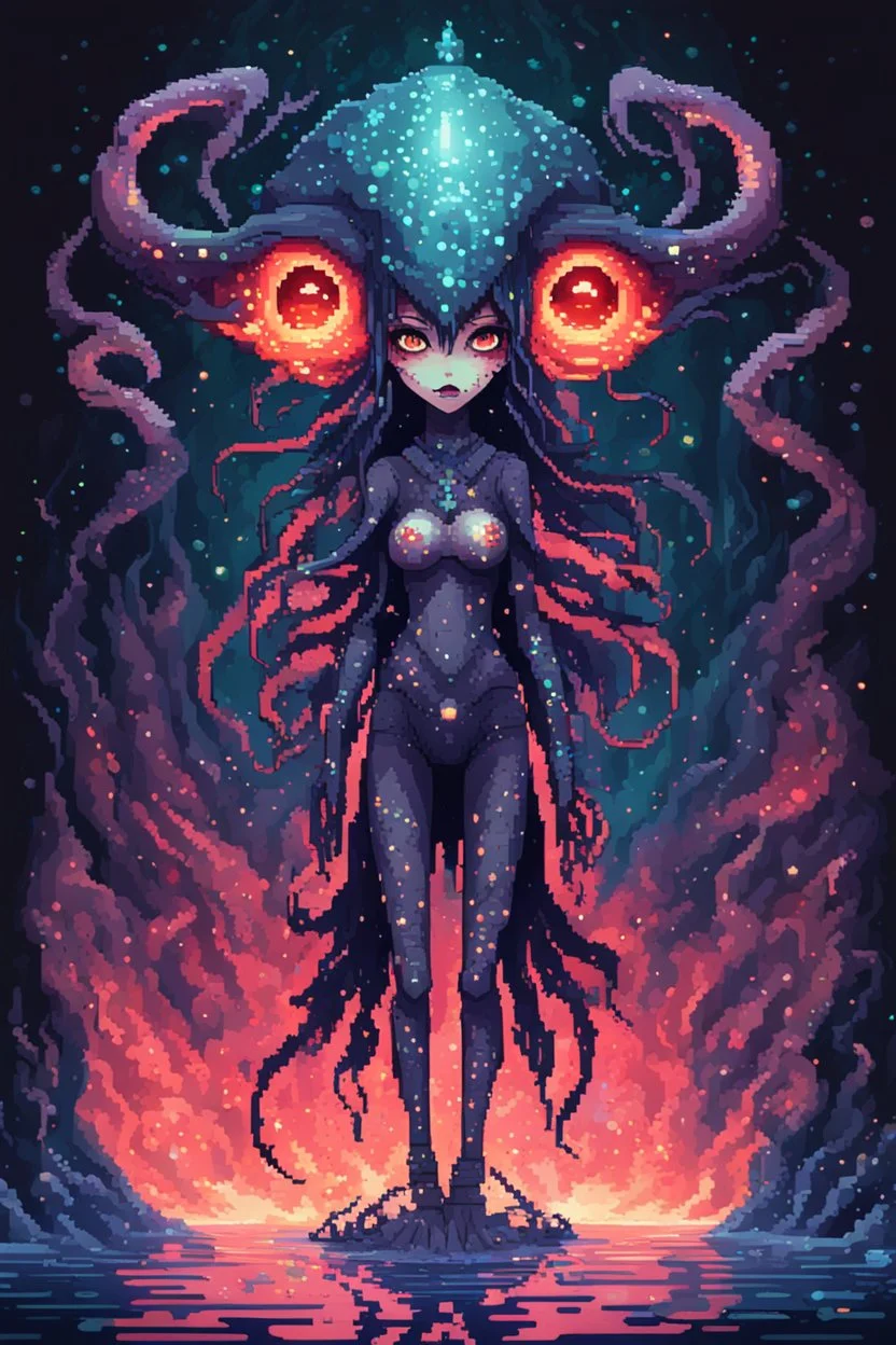 Demon girl wizard behind, cosmic horror, nightmare, galaxy in eyes with dread, truth, alien underwater, fullbody, 8bits, pixel art,