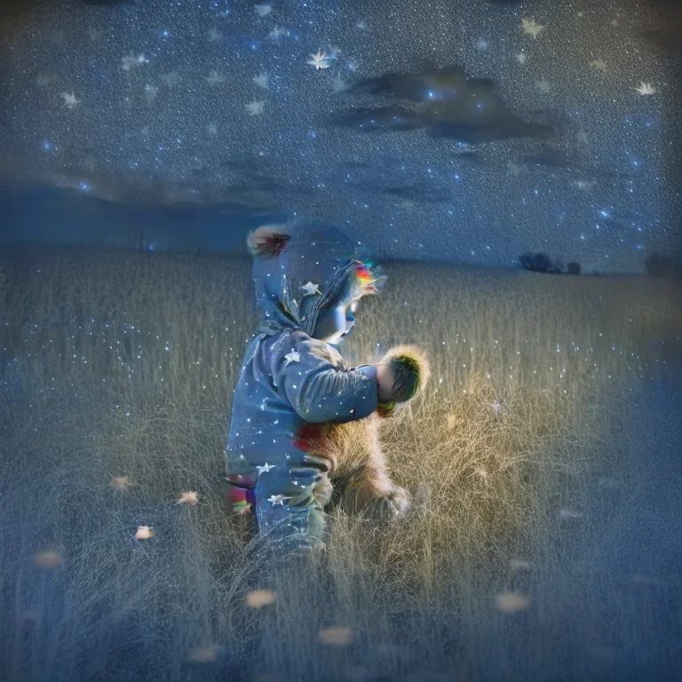 toddler in pyjamas with teddy bear in a field at night with lots of stars, looking at an apparition in the sky