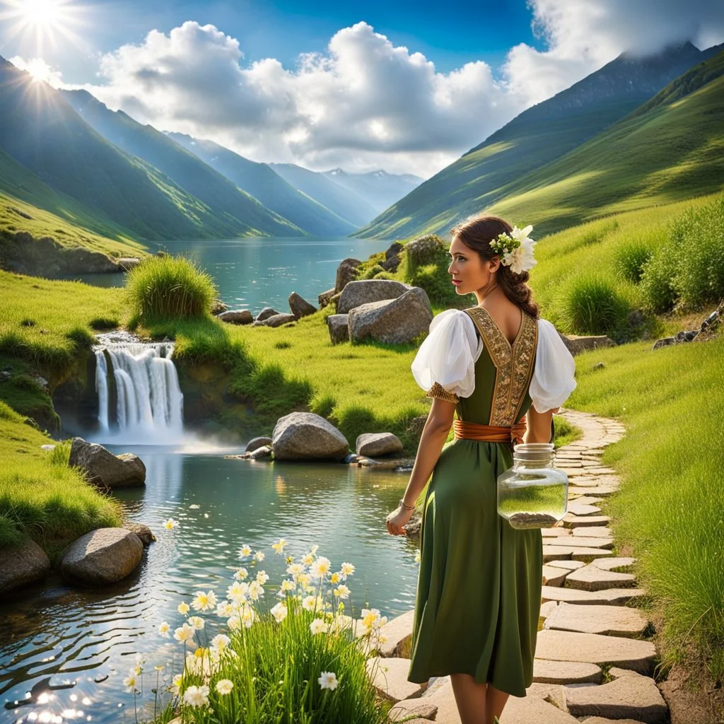 very nice country side with hills ,waterfall over a river with clear water,girls with perfect pretty face in folk costums and a jar, filling their jugs with water and some of them leaving while carring there jugs in there shouldes and 1beautiful girl with jug in shoulder in closeup , very nice mountains at distant, nice clouds in sky ,wide green field with flowers.