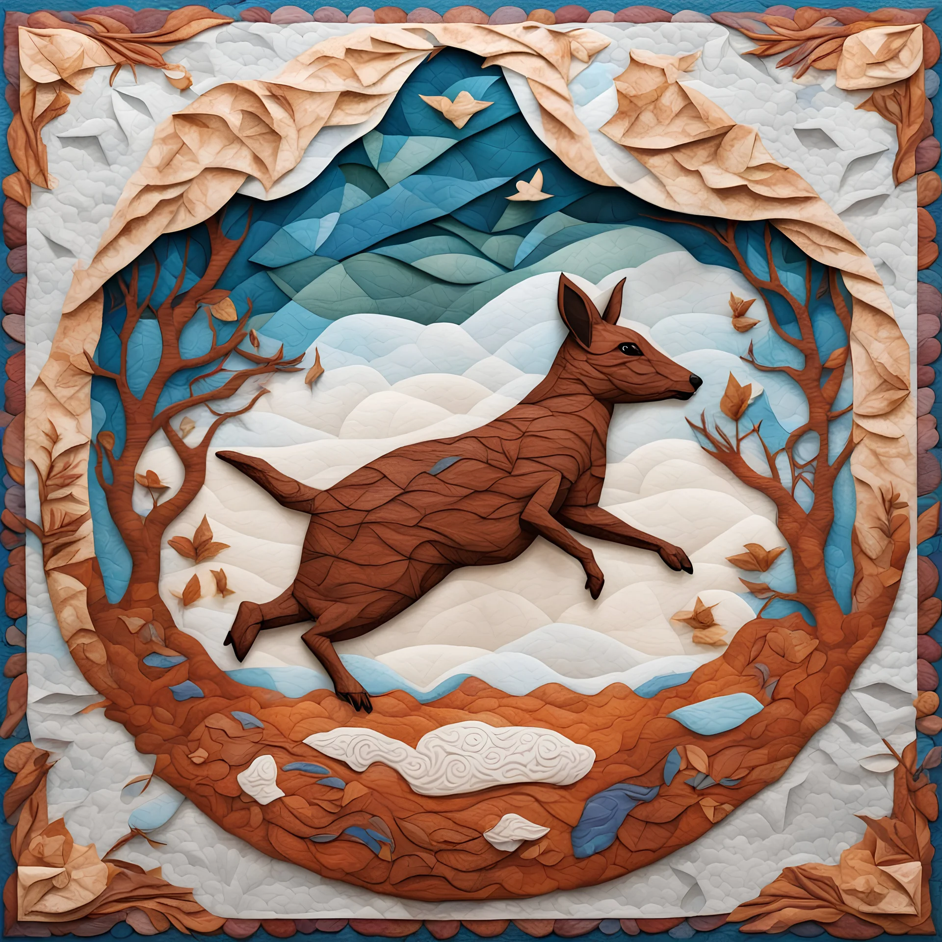 Alinor Bed Levitating in the air with a kangaroo bouncing on it, in paper quilting art style