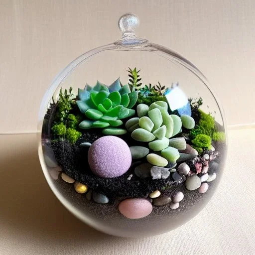 succulent terrarium in a glass orb, pebbles, pastel colors, warm lighting, sunbeam, adorable, linen backdrop