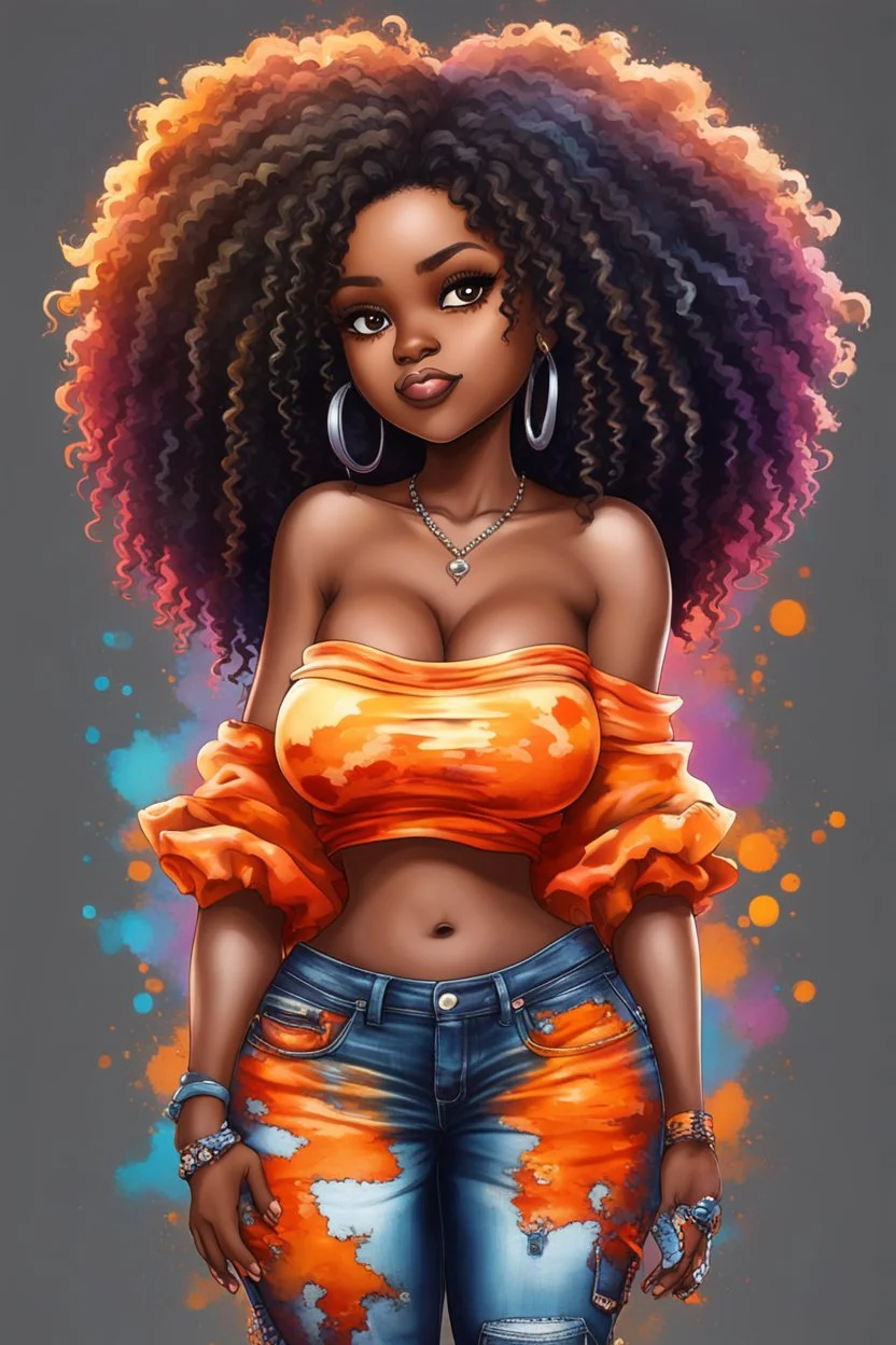 create a colorful abstract graffiti art image 8k of a chibi curvy black female wearing torn jeans pants and a orange tie dye off the shoulder blouse. Prominent make up with hazel eyes. Highly detailed long tight curly afro in a hair wrap.