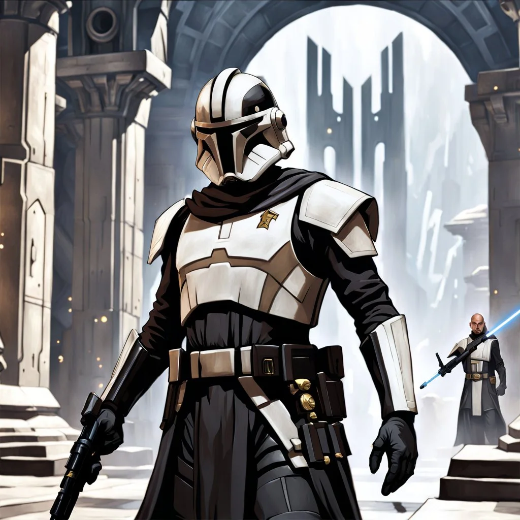 star wars bald male corellian jedi pilot wearing black and gunmetal grey old republic armored robes with gold trim, alone, battle-ready Jedi Master defending a ruined ancient city surrounded by golden light, centered head and shoulders portrait, hyperdetailed, dynamic lighting, hyperdetailed background, 8k resolution, volumetric lighting, light skin, fully symmetric details