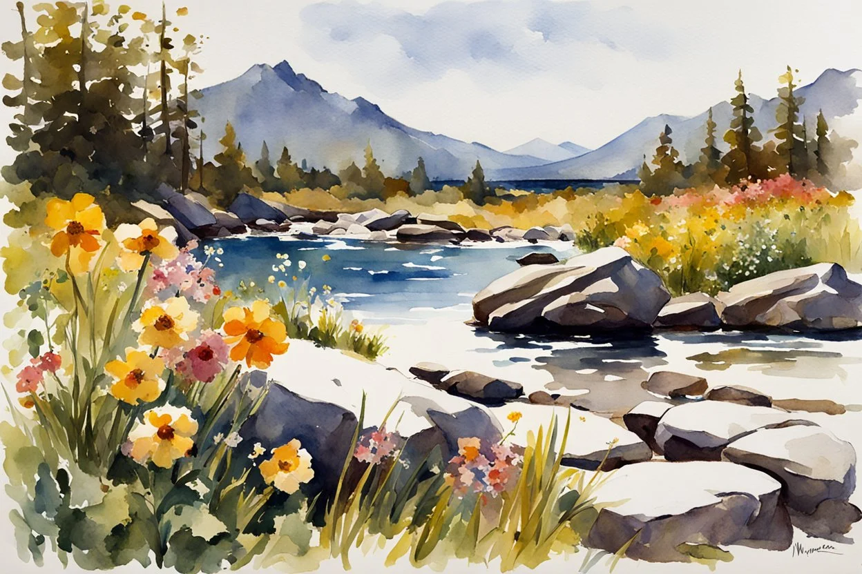 Sunny day, rocks, flowers, spring, mountains, epic, winslow homer watercolor paintings