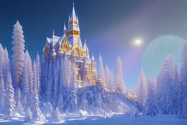  white and gold crystal castle，waterfall, winter snow flakessnow, northern Lights, full of details, smooth, bright sunshine，soft light atmosphere, light effect，vaporwave colorful, concept art, smooth, extremely sharp detail, finely tuned detail, ultra high definition, 8 k, unreal engine 5, ultra sharp focus