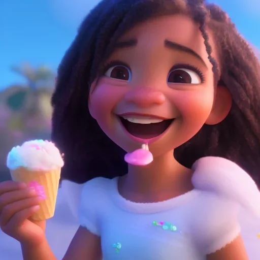 cute, adorable, smileing girl eating ice cream, candies flying all around her, Pixar, disney, cinema lighting, gaming, 8k, magic, love --q 1 --v 4