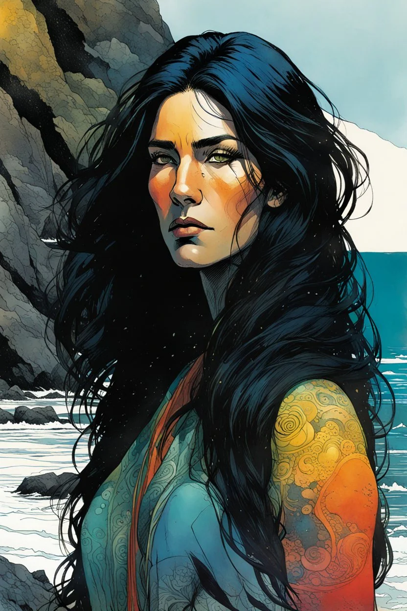 create a closeup front facing, full body print illustration of a raven haired female Salish shaman with finely detailed hair and feminine facial features, along the rocky shore of Vancouver Island , in the comic book art style of Bill Sienkiewicz, Mike Mignola, and Jean Giraud Moebius, finely textured, drawn, colored, and inked, suffused with dramatic natural light, chiaroscuro