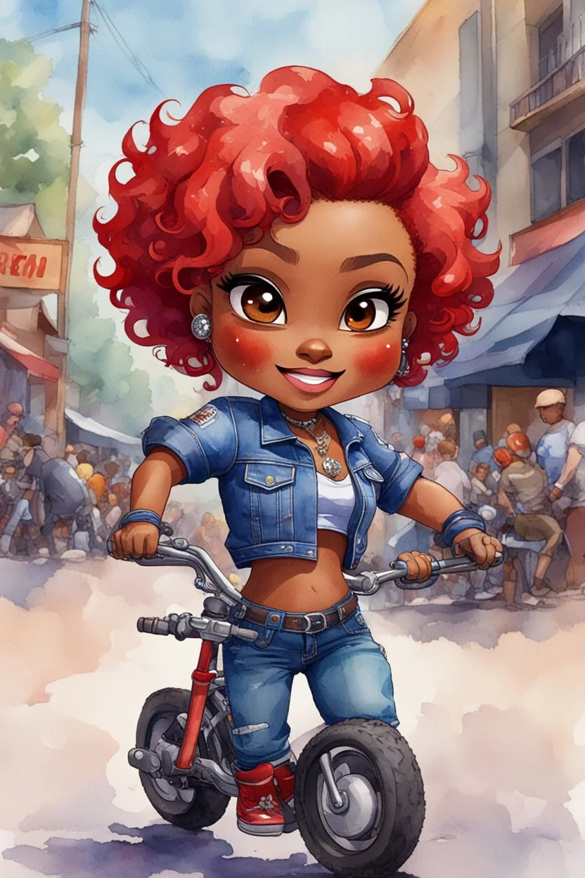 watercolor illustration of the chibi cartoon character, a voluptuous black female in a blue jean outfit with biker boots. Her prominent makeup and hazel eyes, along with her detailed red pixie haircut, are featured in this image, set against the background of a lively bike show.