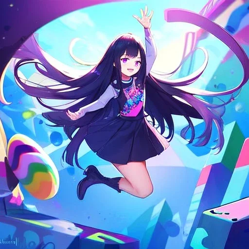 Clear focus,High resolution, Black long straight hair, and purple eyes, wearing a skirt,with stocking, with long boots on, Happy, Jumping, Teen, Background is a very colorful and happy theme park