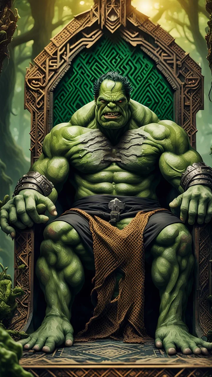 Framed playing card illustration, close-up of Mubarak Saeed Tahir melted old magic flaky slimy alien hulk Avengers Mad Max poses for a photo on the throne, holding a burning scepter, in a massive hulk with stairs and bridges woven into a sacred temple geometric woven fabric in the middle of a lush magical forest, Bokeh like f/0.8, 8K tilt lens, high detail, smooth rendering, downlight, Unreal Engine, award-winning