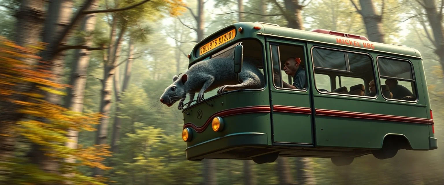 buss driver shaped like a rat flying through a forest, rat monkeys in the trees