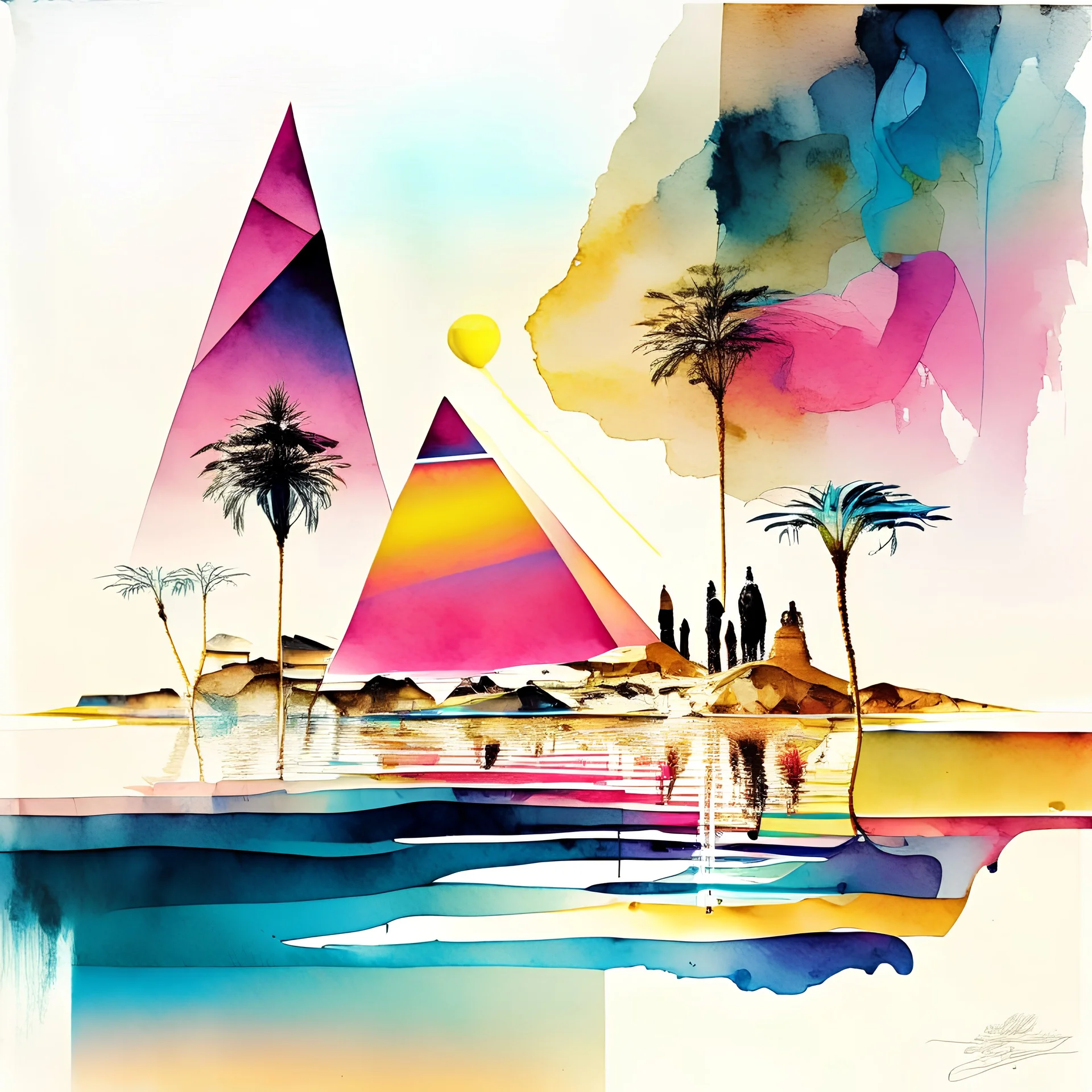 Standing by the Nile, make it to the islands in the sun, by Gerald Scarfe, by Petros Afshar, by Norman Bel Geddes, double exposure watercolor and pen illustration, heavy dreamy colors, Pink Floyd aesthetics, smooth psychedelic sci-fi geometric abstractions, modern art album cover, asymmetric, complex contrast