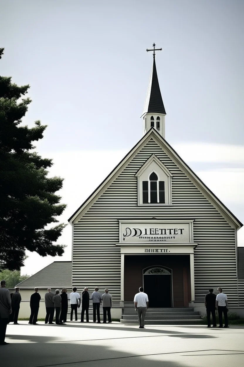 quintessential church with steeple with people walking out of it with the label "domestic terrorists"