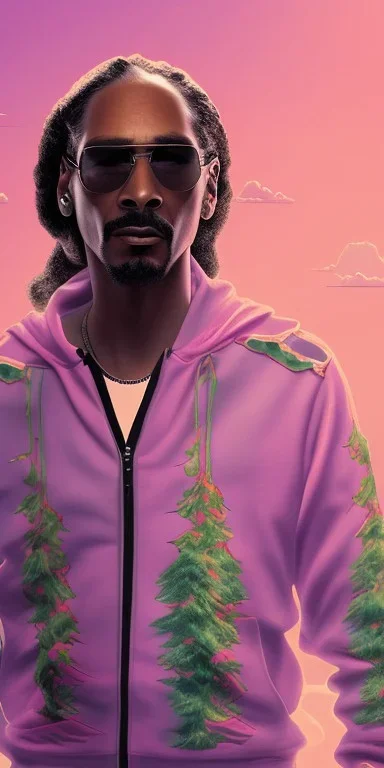 Snoop dogg. a chair. pink houses, pink sky, pink smoke, trees