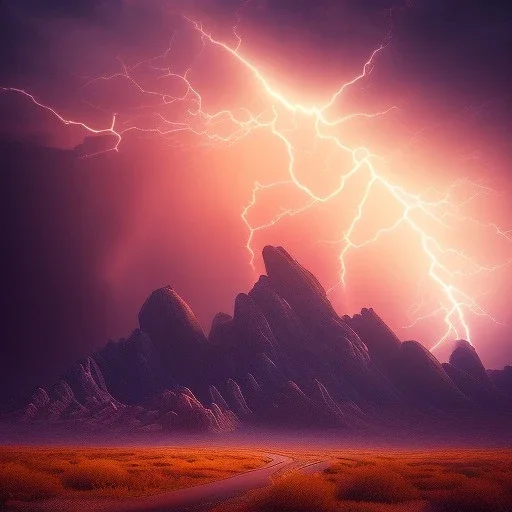 desert, storming, lightning, monsoon, mountains, landscape, hyperrealisme, sharp focus