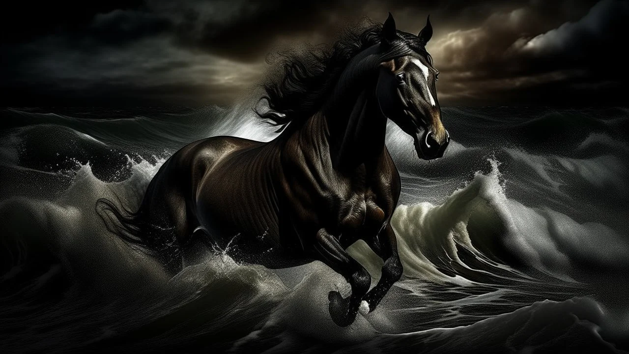 Dramatic composition that juxtaposes the force of nature (the turbulent waves) with the dynamic movement of the horse.