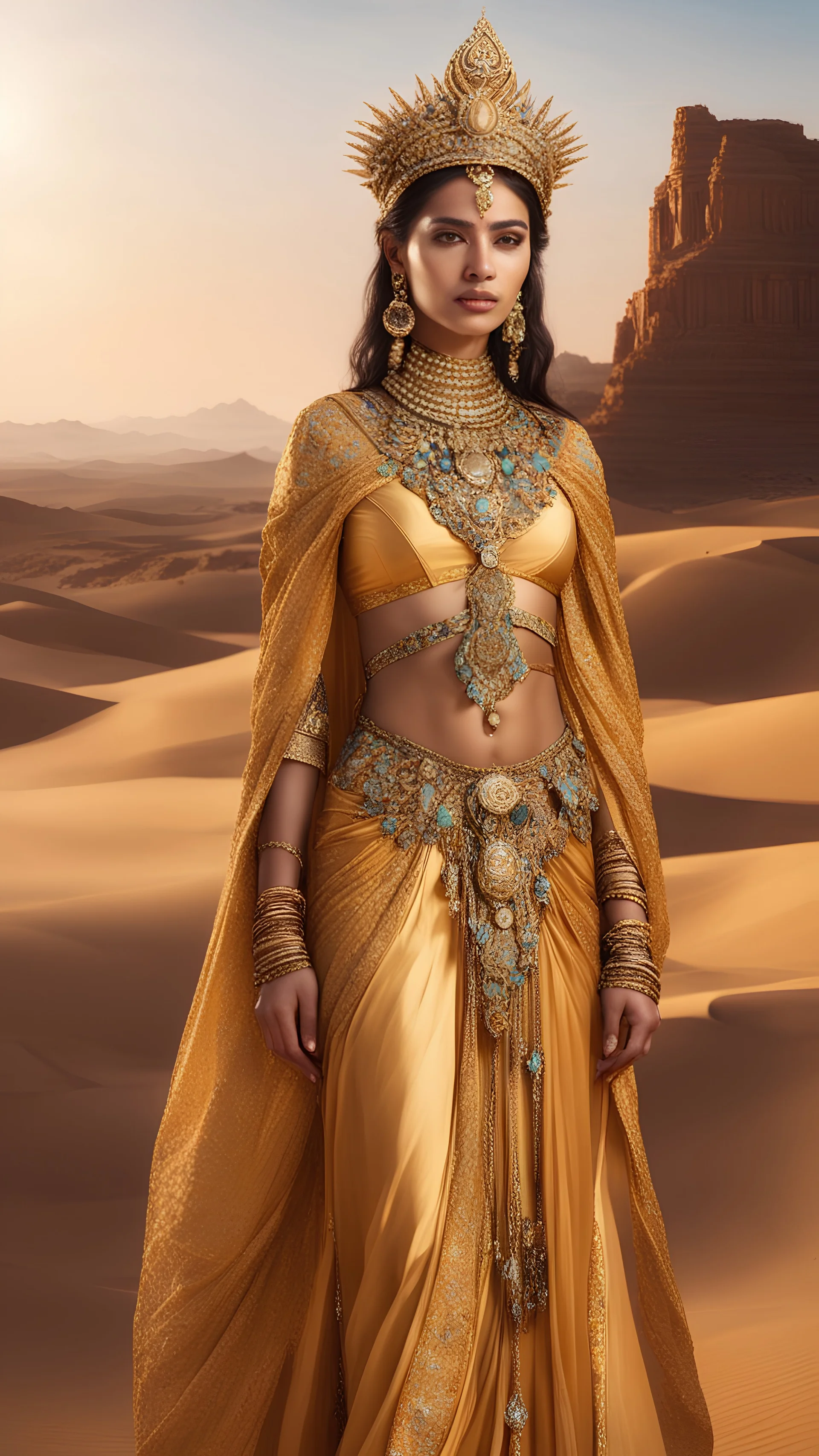 a regal nomad queen adorned in golden attire, standing amid a vast desert. Pay attention to the details of her intricate jewelry, flowing garments, and the warm hues of the desert landscape.