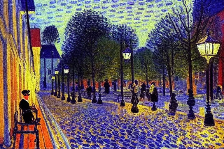 Night, square bench, lanterns, alfred sisley impressionism painting