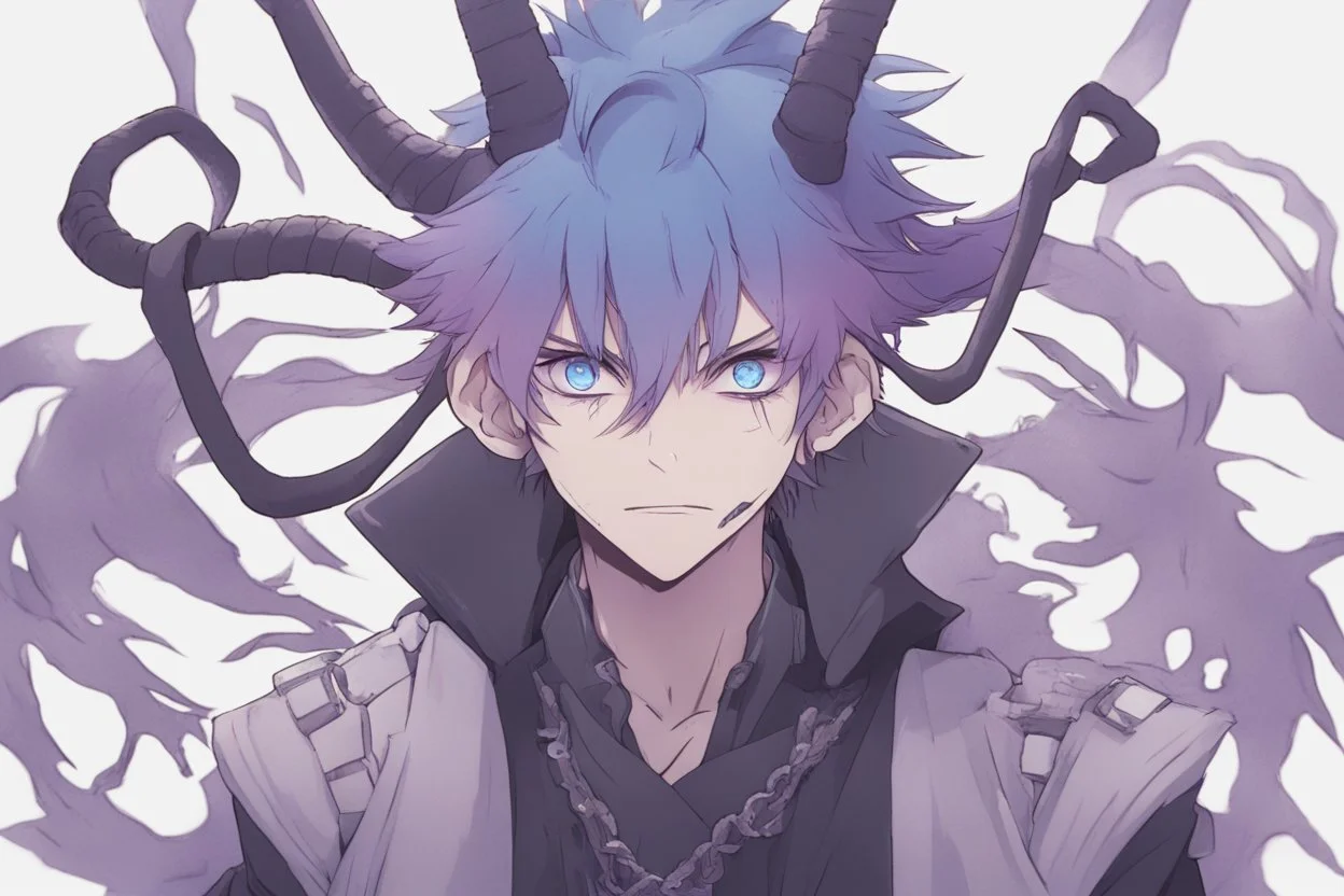 anime man with ram horns, fangs, messy purple hair and blue eyes