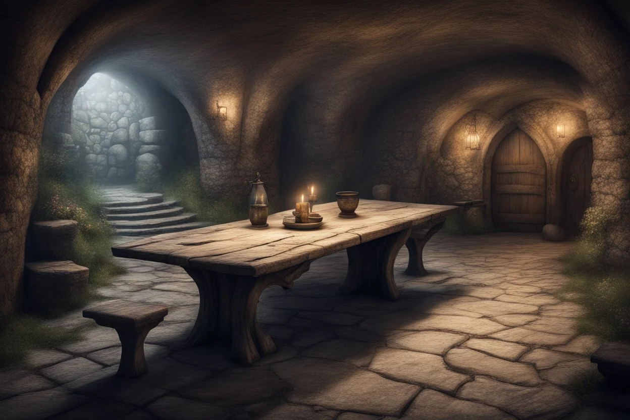 fantasy medieval underground with table