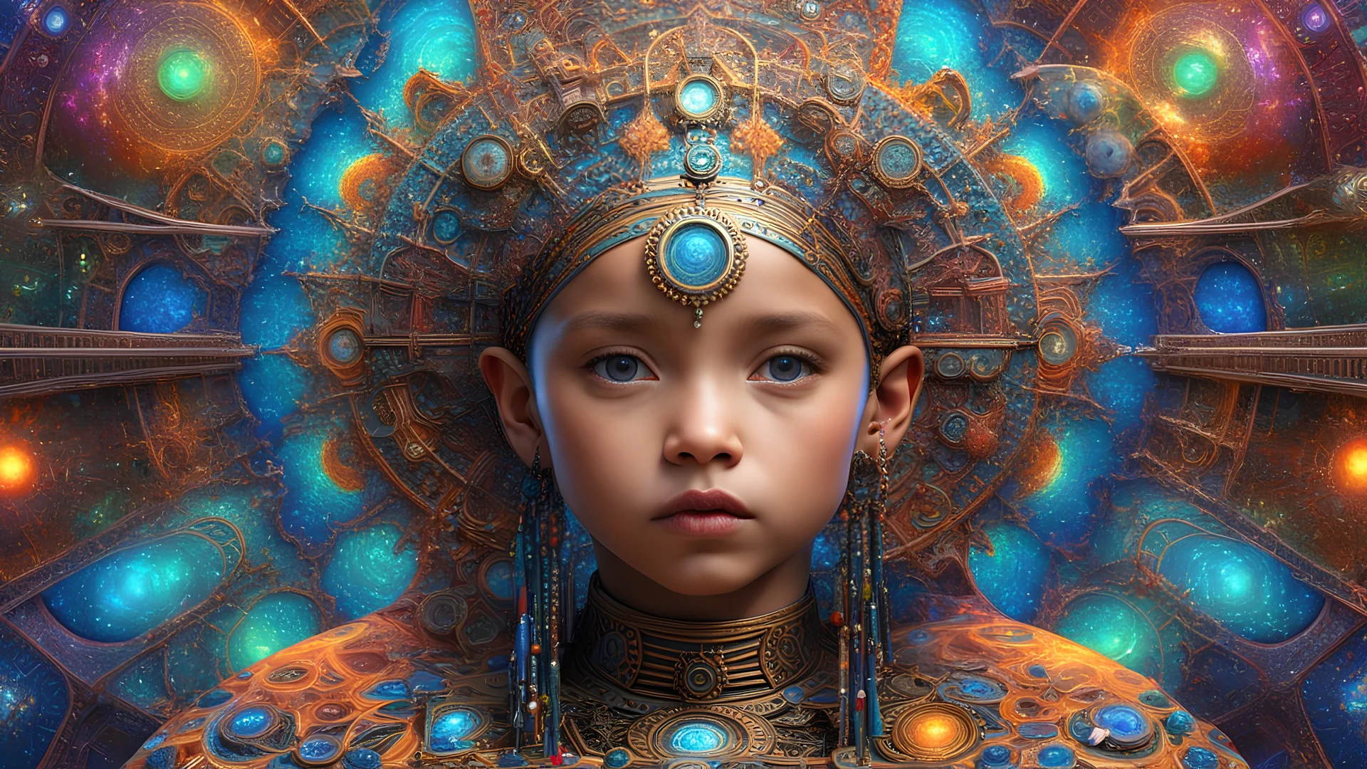 3D symmetrical rendering of an enigmatic expressively detailed and intricate, hyperrealistic dreamscape child: symmetric, front view, colorful paint, tribalism, steampunk, shamanism, cosmic fractals, dystopia, telepathy, 8k, high-resolution, realistic, surrealistic, v-ray,quixel megascans render, sintane render, dramatic volumetric lighting exquisite composition, beautiful detailed intricate detailed octane render, artistic photography, photorealistic, perfect light, chiaroscuro