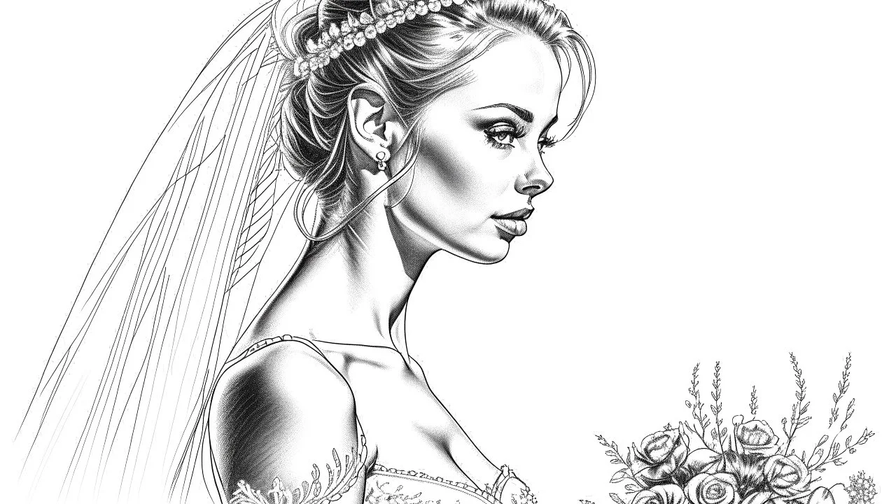 white background, bride, black and white pencil drawing, 3d, 64k, high resolution, high detail, computer graphics, hyperrealism, f/16, 1/300 sec. digital painting, double exposure,