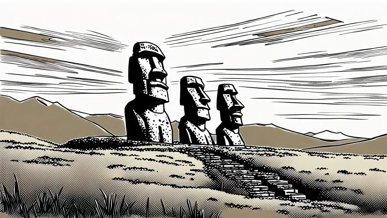 moai, manga, monochrome, black background, sketch, simple, maximum quality, broken hinge, barely functioning, centered on frame, far view, in the middle of a grassy hill, white sky with cumulonimbus