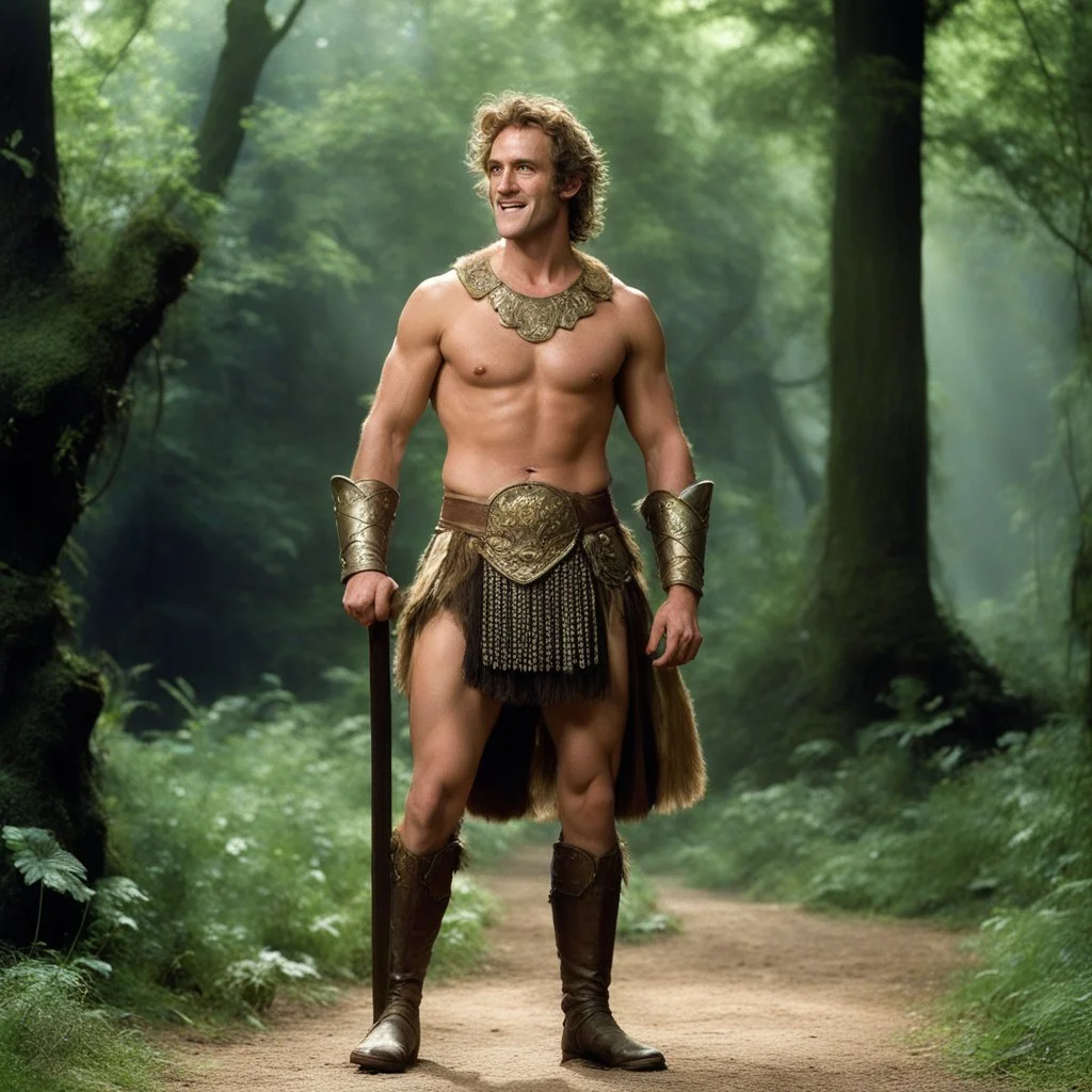 [high res photo by Monty Python] Lysander from Shakespeare's A Midsummer Night's Dream. Tall and slender, fair-skinned with soft features that hint at his earnest and handsome nature. Usually depicted as nimble in movement, exuding romantic energy with every step. Today, he transforms into a gladiator in the forest clearing, his arena for the day. The air is charged with anticipation as Lysander moves with grace and agility, ready to face whatever challenges come his way.