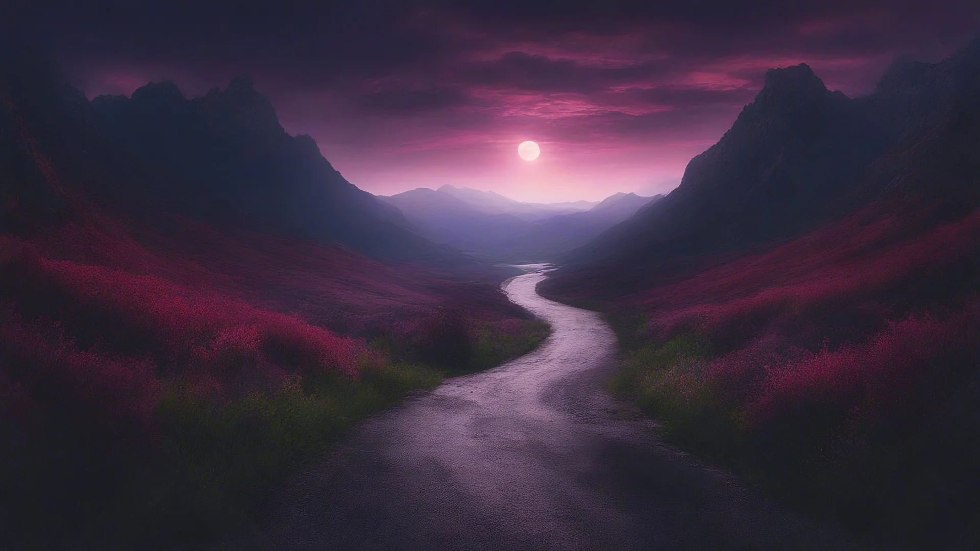 underworld background, dark purple sky, dark purple, no person, a person's point of view, dark color, dark red, mountain, tree, weeds, road in the center, riverside in the side