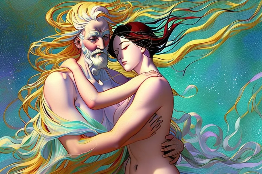 colourful digital painting of beautiful aphrodite full body embracing old man, in the style of hokusai and van gogh