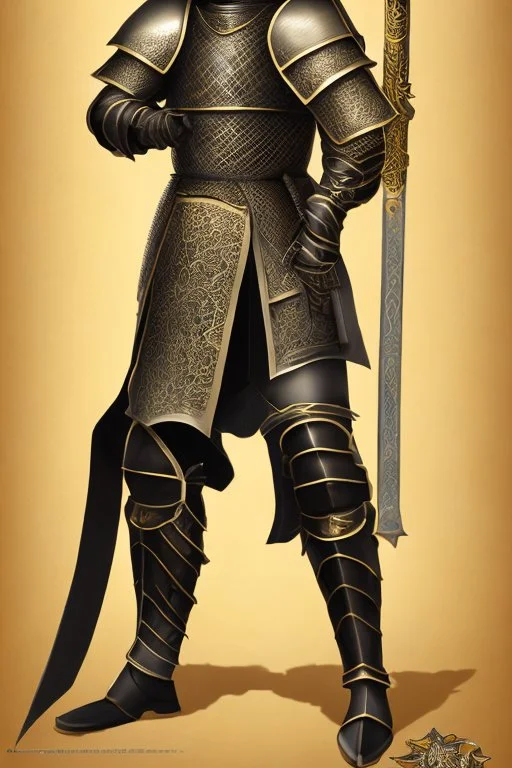 A handsome 30 year old knight, black hair, male bob haircut, in black-and-gold plate armor, golden katana in both hands, no beard, european