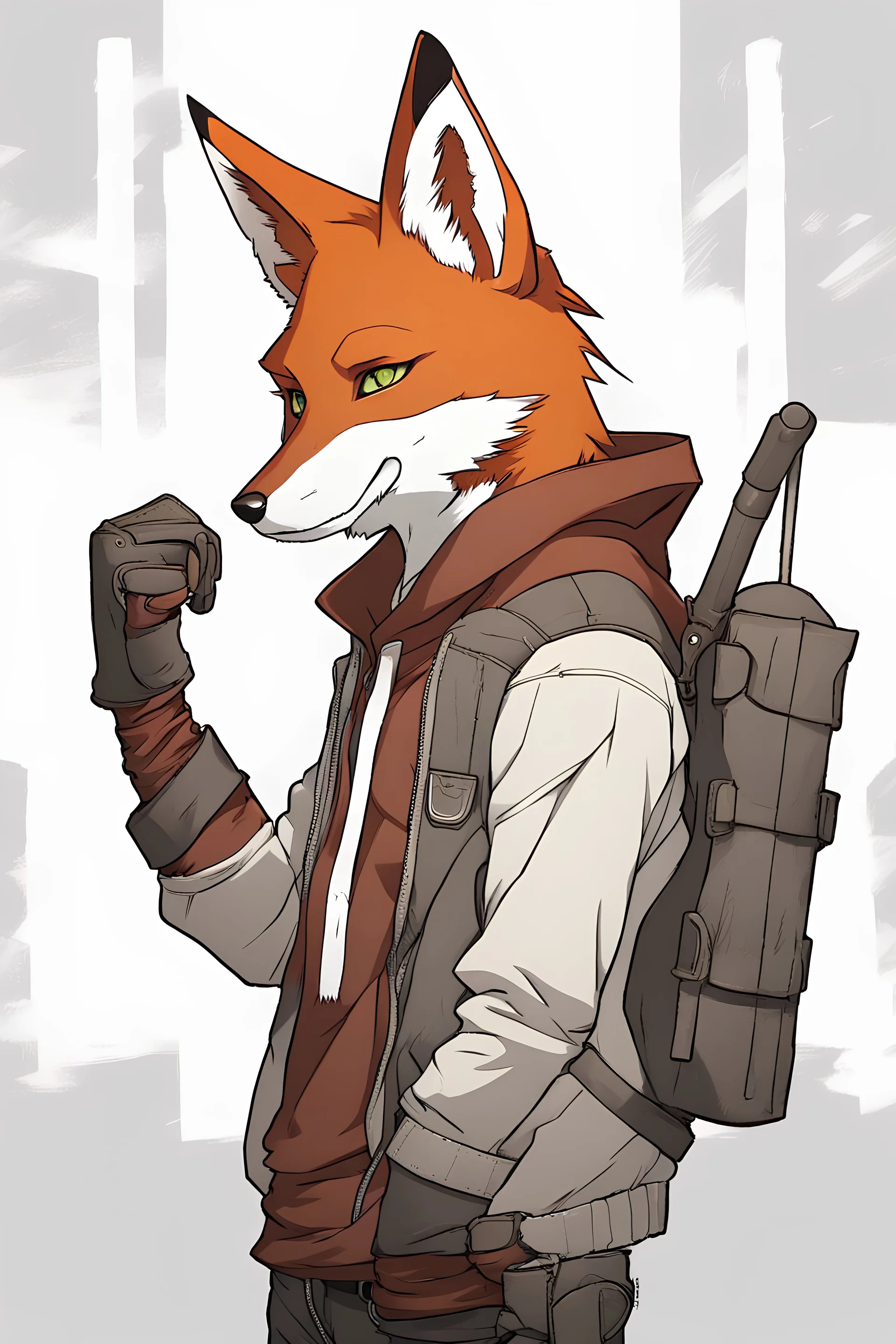 Create an attractive anime drawing of a humanoid fox character embodying the features of a male fox. This character exudes an air of strength and resilience, dressed in a hoodie and leather gloves that showcase their warrior nature. The hoodie can bear symbolic markings or emblems representing the character's journey and personal history. In a dramatic shot, the character is depicted in a state of deep sadness and seriousness. Their eyes reflect the weight of their experiences, hinting at the p