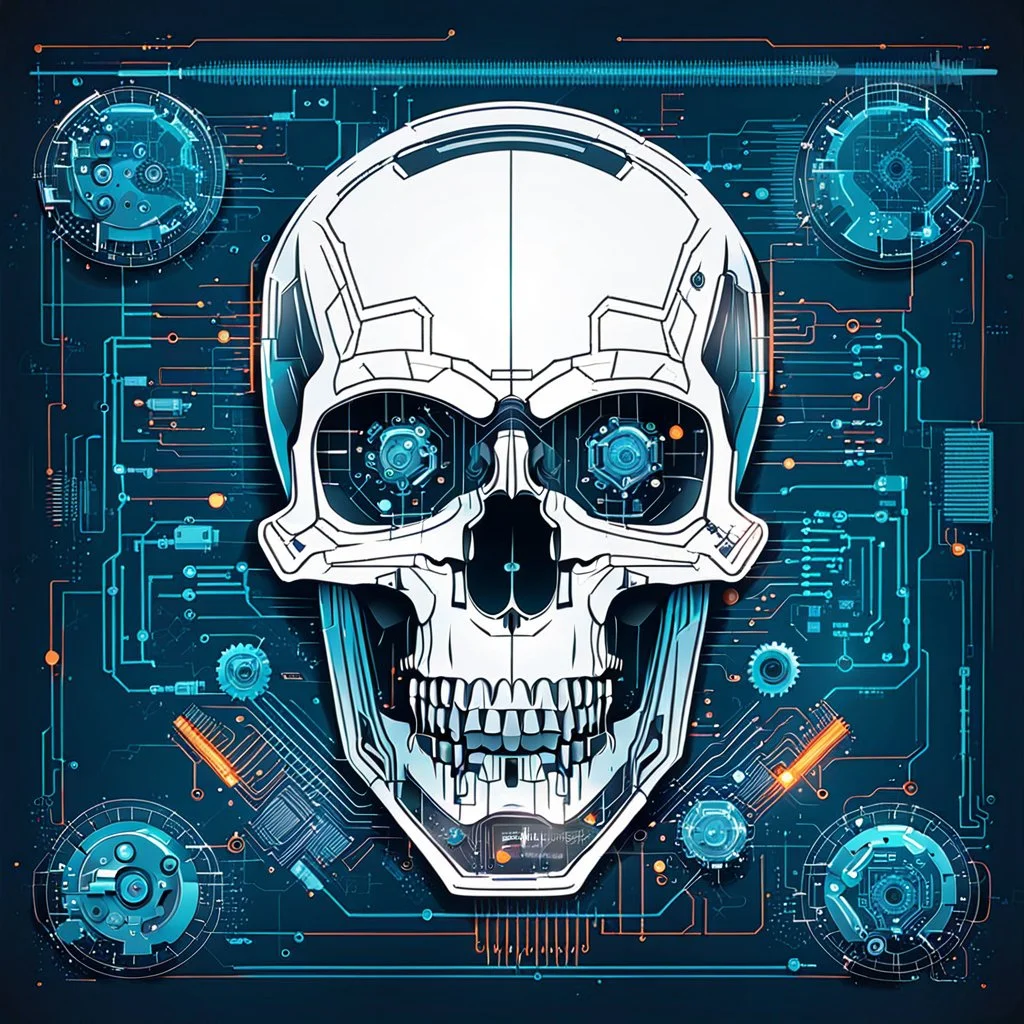 FLAT VECTOR LAYERED IMAGE OF CYBERNETIC SKULL PARTS IN A SCHEMATIC