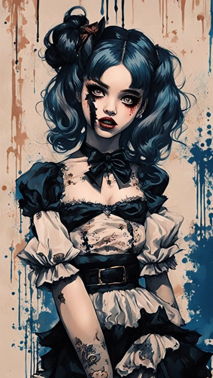 Poster in two gradually, a one side malevolent goth vampire girl face and other side the Singer Melanie Martinez face, full body, painting by Yoji Shinkawa, darkblue and brown tones,