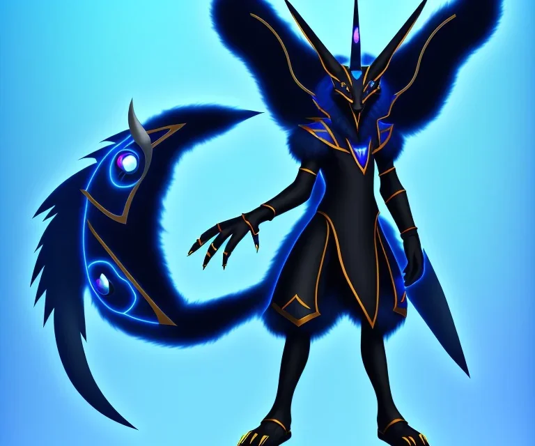 A dark-fighting type legendary pokemon. Anubis inspired. black and dark blue colored fur. Bipedal. Moon elements